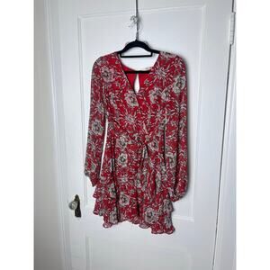 Entro Women's Mini Long Sleeve Red Floral Western Tie Waist Ruffle Dress Medium